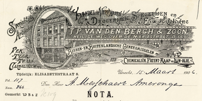 710445 Kop van een nota van T.P. van den Bergh & Zoon, Handel in Verfwaren, Drogerijen, Specerijen en Eau de cologne, ...